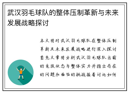 武汉羽毛球队的整体压制革新与未来发展战略探讨