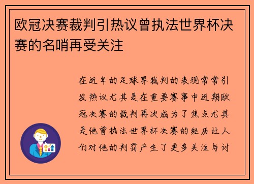 欧冠决赛裁判引热议曾执法世界杯决赛的名哨再受关注